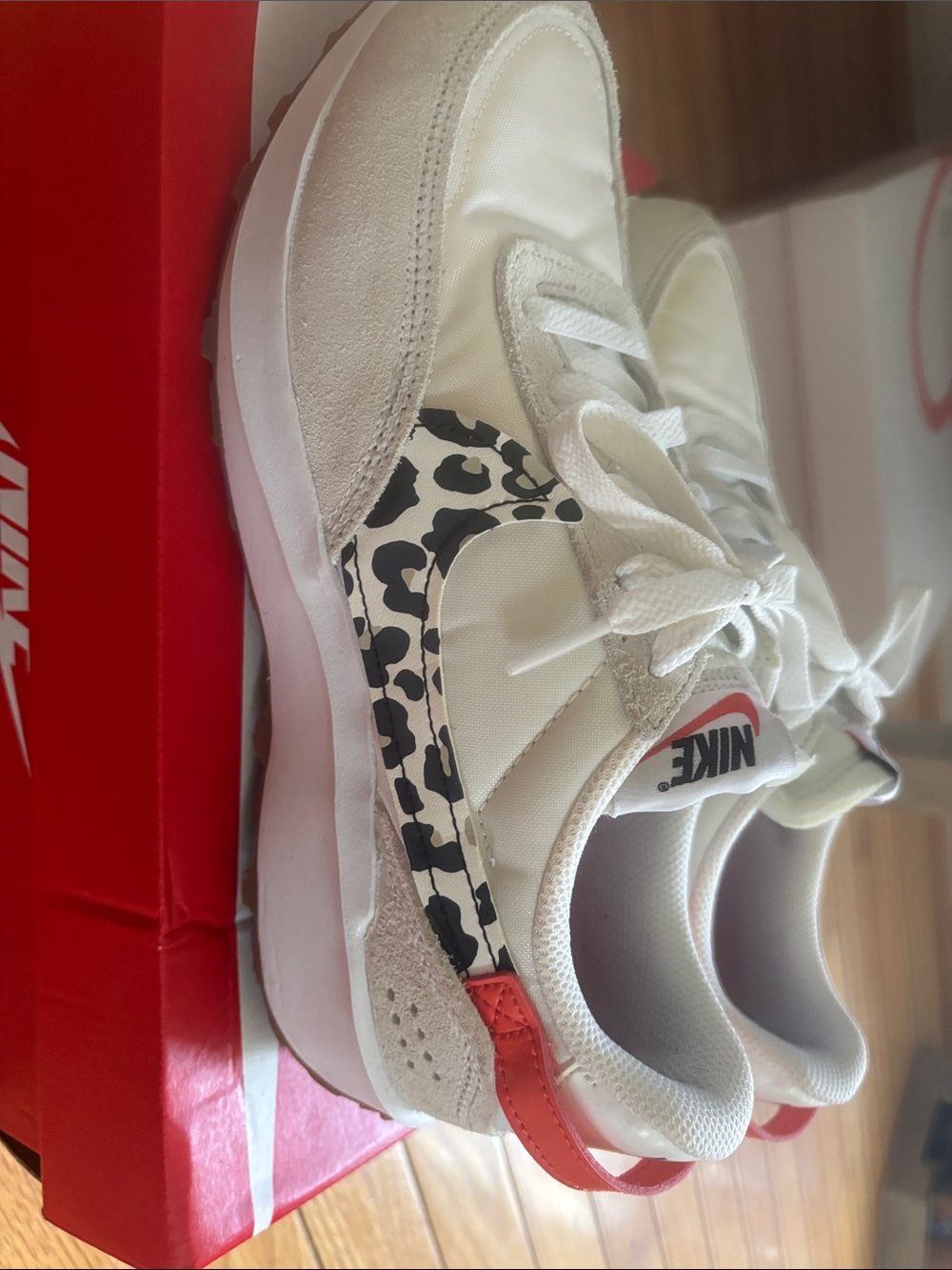 Nike Kids White Sneakers with Red Heel and Leopard Swoosh - Picture 3 of 6